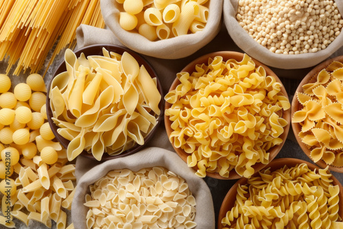 A variety of pasta dishes are displayed in bowls, including shells, penne, and spaghetti. The bowls are arranged in a way that showcases the different shapes and sizes of the pasta