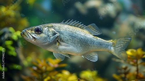  A close-up of a fish swimming in a pond surrounded by aquatic plants and a clear blue sky