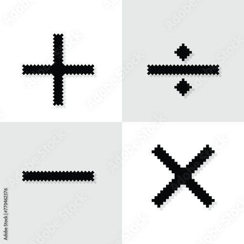Silhouette pixel art, 90s mood, 8bit retro style silhouette plus, minus, multiply, divide, set of math page black icons or symbols on pixelated style vector illustration