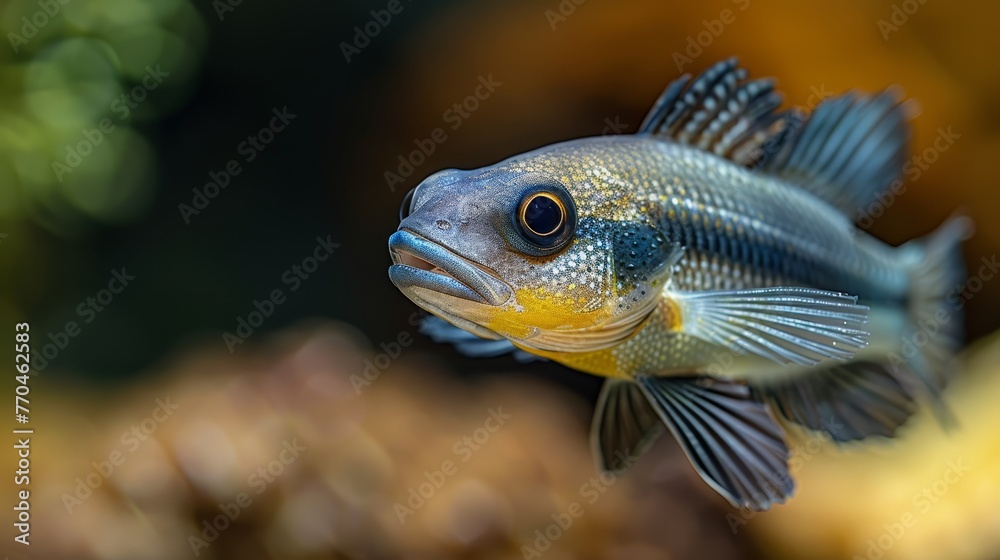 A close-up of a blue and yellow fish with a black and yellow stripe on its back A close-up of a blue and yellow fish with a black and yellow stripe on its back