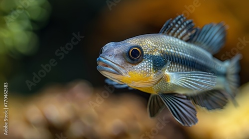  A close-up of a blue and yellow fish with a black and yellow stripe on its back
