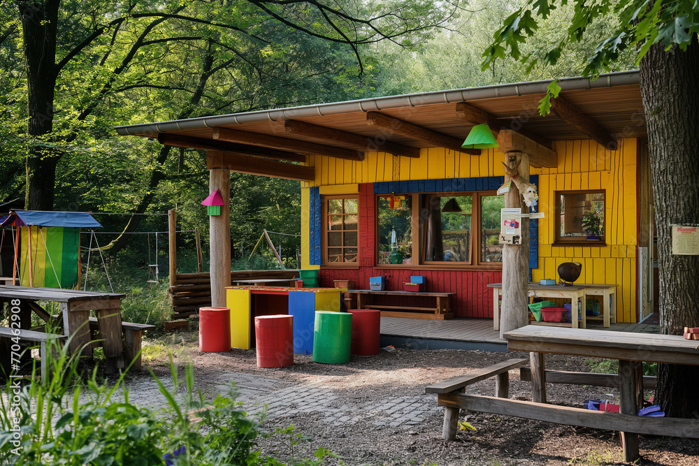 Outdoor Play Area in a Kindergarten: Assorted Toys and Educational Equipment in a Natural Setting for Creative Play Outdoor Play Area in a Kindergarten: Assorted Toys and Educational Equipment in a Natural Setting for Creative Play