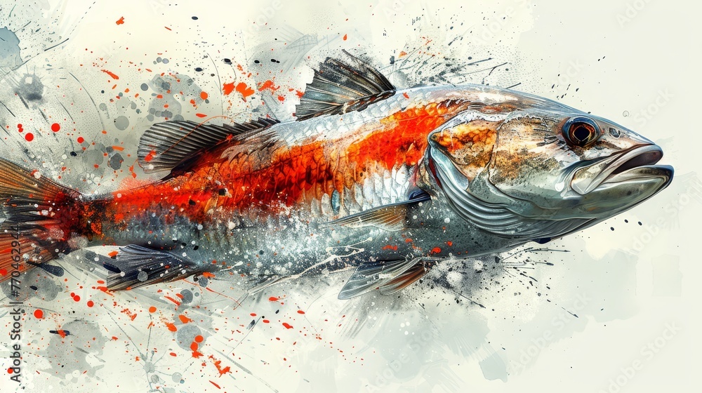 Naklejka premium Watercolor painting of a fish with red spots and black-white background