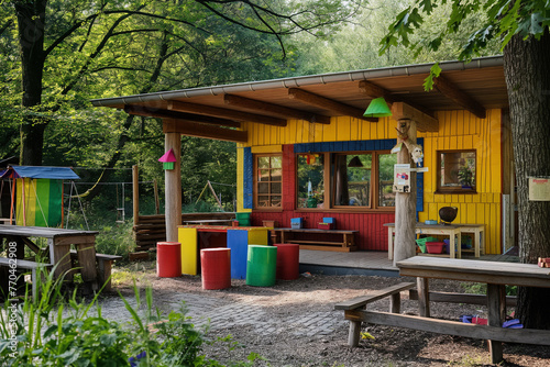 Outdoor Play Area in a Kindergarten  Assorted Toys and Educational Equipment in a Natural Setting for Creative Play