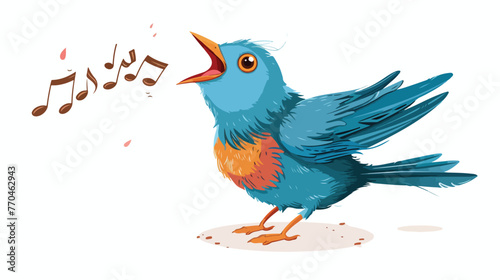 Cartoon blue bird singing on white background flat vector