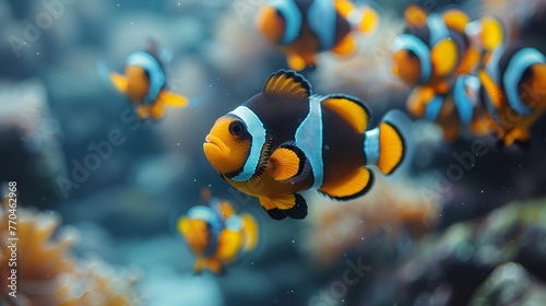  A cluster of clownfish swimming near a group of other clownfish inside a sea anemone
