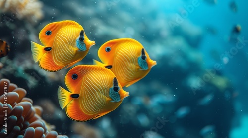  A school of yellow fish gracefully swims atop a cerulean ocean, accompanied by an orange and white sea anemone