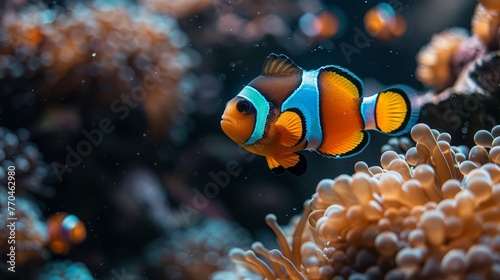  An orange and white clownfish swim in an aquarium with anemones