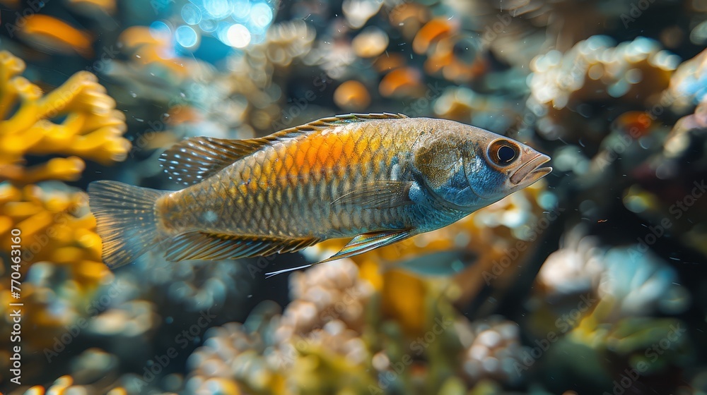   A close-up of a fish on a coral, surrounded by other corals in the background and water in the foreground