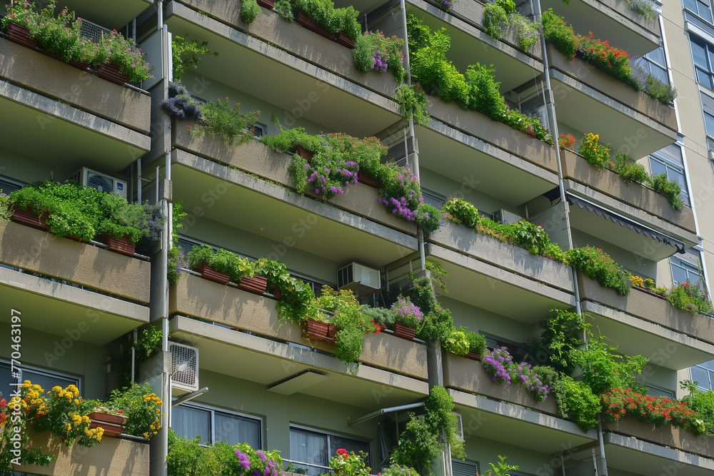 Image showcasing Apartment building residents creating a vertical garden on their ...