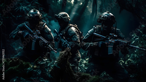 soldiers with guns on a black background