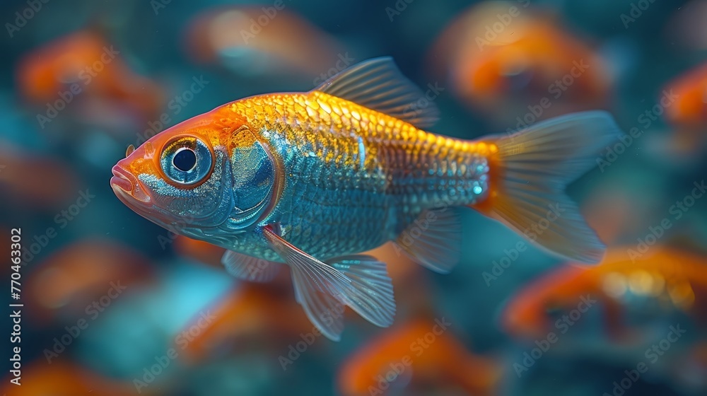 Close-up of goldfish among orange fish in full-sized aquarium with various fish species Close-up of goldfish among orange fish in full-sized aquarium with various fish species