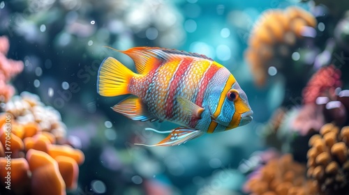  A close-up image of a fish in an aquarium with vibrant coral reefs and various other fish swimming in the water and on the surrounding terrain