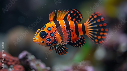 An orange-black fish with spotted skin and striped head