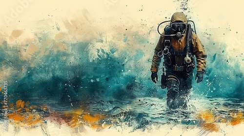   A man in a diving suit is depicted in a painting, surrounded by water, with a droplet of water splashing onto his face