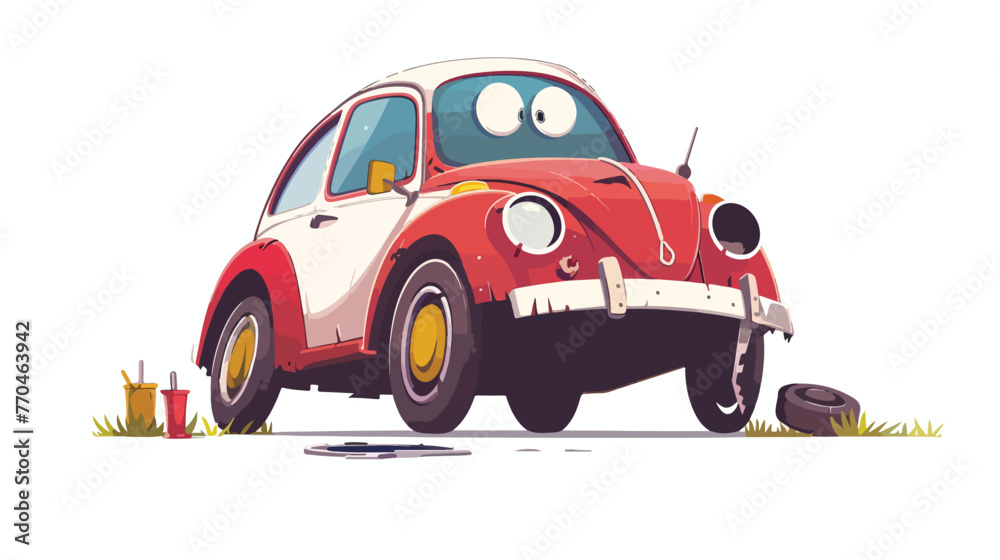 Cartoon car character needing repair flat vector isolated