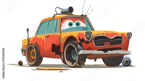 Cartoon car character needing repair flat vector isolated