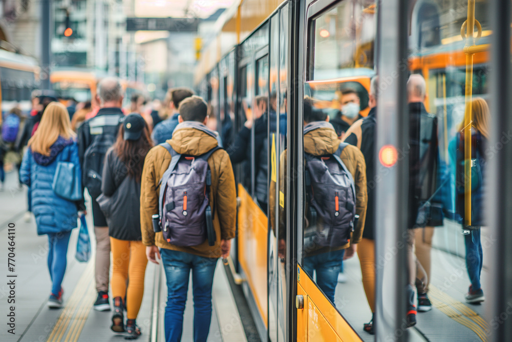 People Using Transport People using public transportation instead of personal cars to reduce ...
