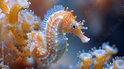  A close-up of a sea horse surrounded by corals