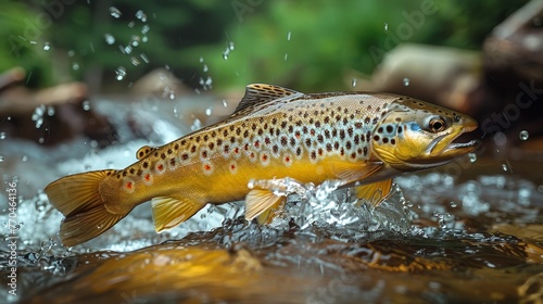   A brown fish swims through a stream, surrounded by tree branches and water splashes on its sides