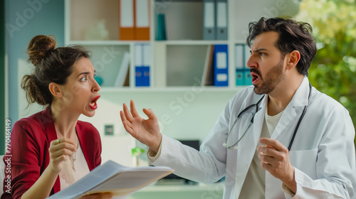 A doctor is having an argument with his patient, who has her mouth open and appears very angry while holding medical documents in the office.