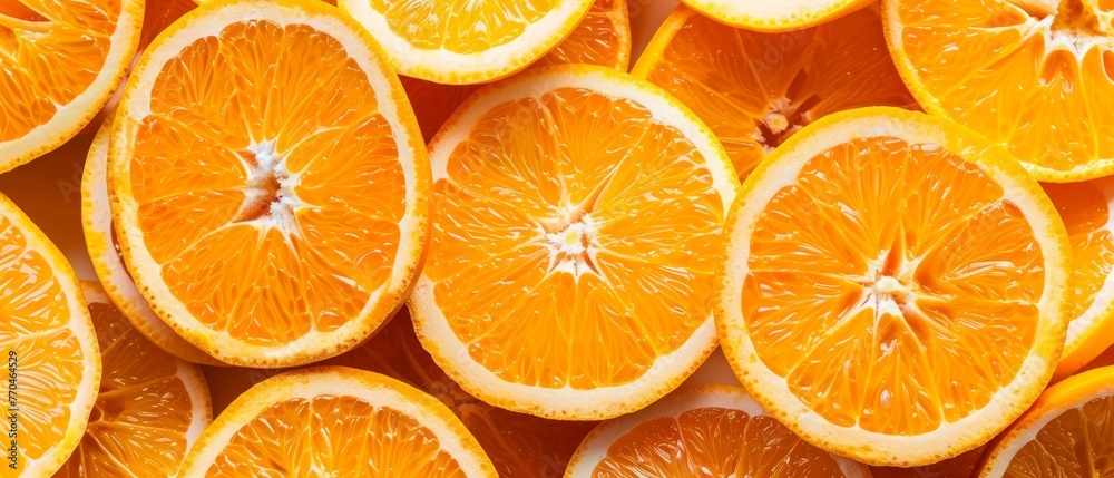 A pile of orange slices arranged in rows on top of other orange slices A pile of orange slices arranged in rows on top of other orange slices