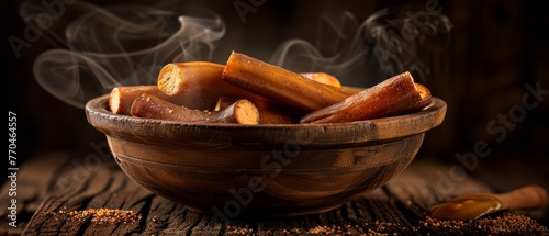  A wooden bowl filled with hot dogs rests atop a table, accompanied by a spoon and wooden spoon