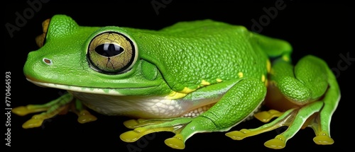  A green frog with a yellow stripe around its eye and a yellow spot underneath it