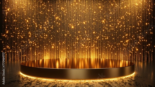 Elegant golden glitter light falls on a circular stage with a dark background, suitable for award ceremony concepts. photo