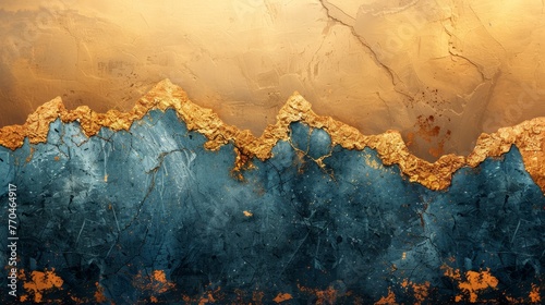  A detailed image of a blue-gold mountain painting with metallic gold accents