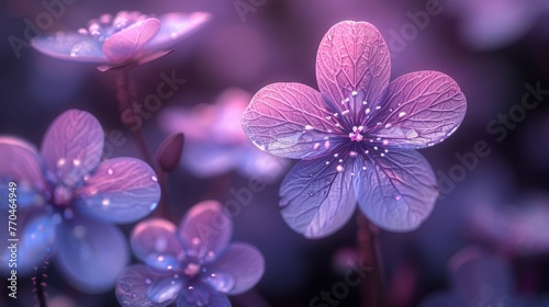  A macro shot of a purple blossom with dew droplets and a hazy backdrop of lavender blooms