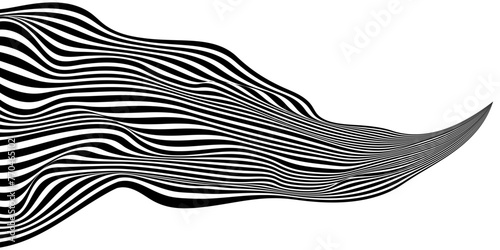 Optical art abstract wave shape black flow design.  Twisted duo tone backgrounds. Minimalist design template for poster, banner, cover, postcard.
