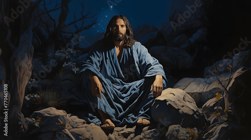 jesus rests on a rocky hillside