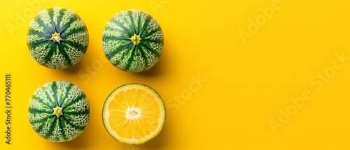   Three watermelon slices and a whole watermelon on a yellow background in a top-down view, flat lay
