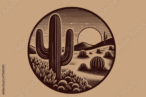 Desert. Cacti and sunset. Round emblem. Vintage engraving illustration, print, logo