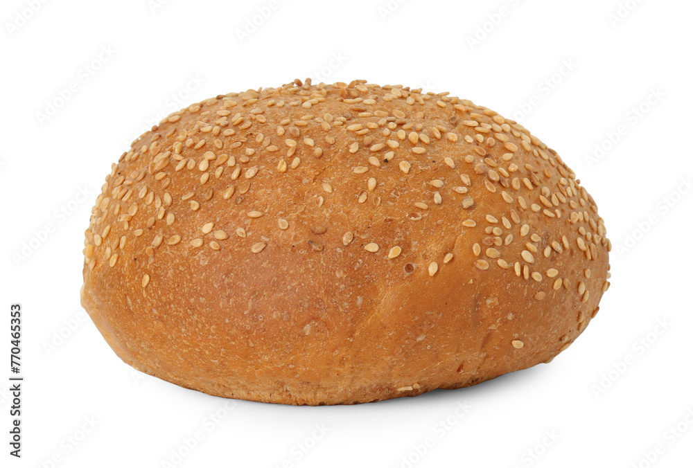 One fresh hamburger bun with sesame seeds isolated on white One fresh hamburger bun with sesame seeds isolated on white