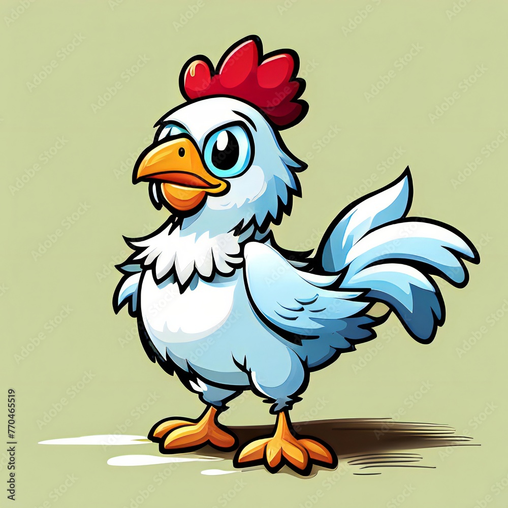 A cartoon chicken with red beak and a red comb stands on a green background