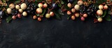   A canvas of various fruits adorned with foliage against a dark backdrop, featuring space for a caption or graphic