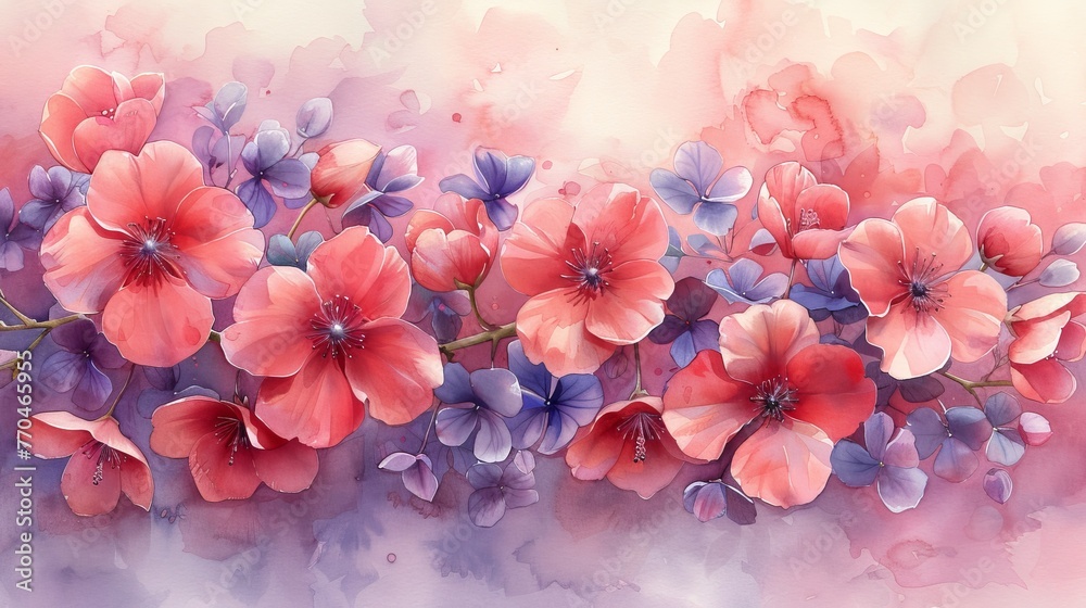 A painting of vibrant pink and purple flowers on a watercolored pink and purple backdrop, framed with a pink and blue border A painting of vibrant pink and purple flowers on a watercolored pink and purple backdrop, framed with a pink and blue border