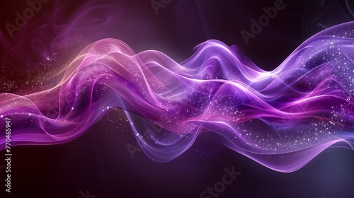  An abstract wave in purple tones with shimmering stars and glitter on black canvas for text insertion or brand logo