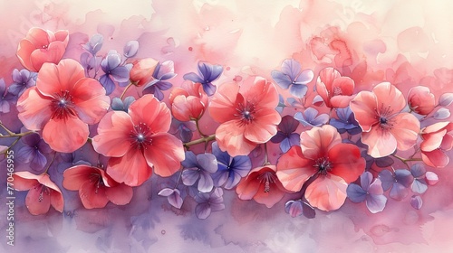   A painting of vibrant pink and purple flowers on a watercolored pink and purple backdrop  framed with a pink and blue border
