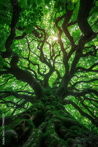inside view of an ancient tree, taken from below looking up at its massive canopy and intricate branches with lush green leaves © Izanbar MagicAI Art