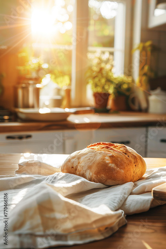beautiful homemade bread laying on the soft cotton kitchen towel on the table  rustic kitchen interior blurred on the background . Soft sun rays illuminate the scene. Comfort and cozy atmosphere. 