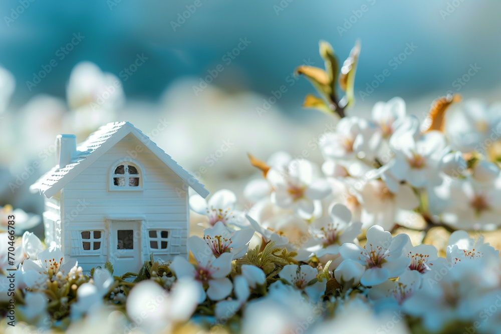 white toy house and cherry flowers, spring abstract natural background. concept of mortgage, construction, rental, family and property. eco-home. spring season. copy space 