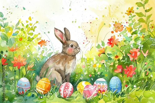 Easter bunny hiding eggs in garden, cheerful watercolors, bird's-eye view photo