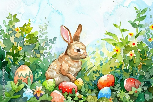 Easter bunny hiding eggs in garden, cheerful watercolors, bird's-eye view photo