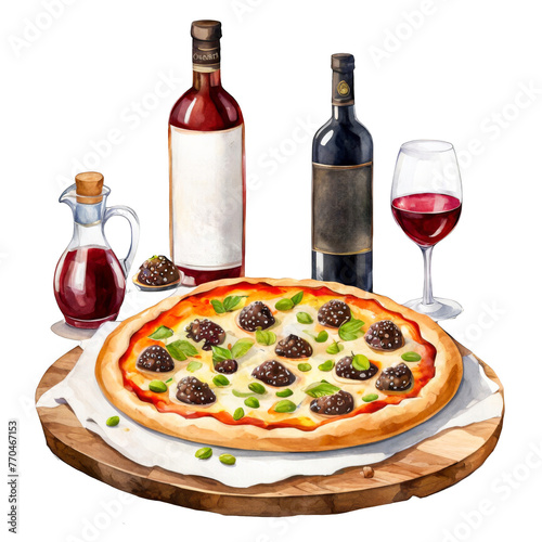 A thin crust pizza topped with shaved black truffles served on rustic wooden pizza peel, watercolor illustration, with wine glass and bottle, dinner, party, celebration, invitation card, cutout 