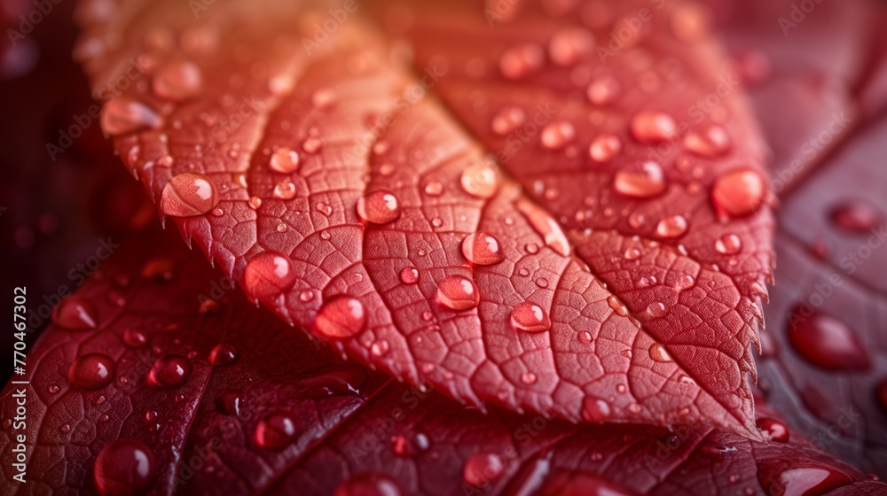 Fototapeta premium Close-ups of water droplets on leaves, emphasizing texture, patterns, and colors.