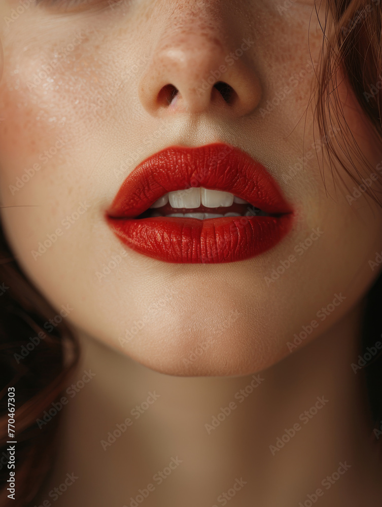 Obraz premium Close-up, woman's red lips, lips slightly parted. Fashion, glamour, beauty photo. Makeup. Style. Cosmetics.