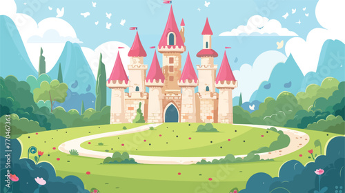 Cartoon Fairytale background with princess castle flat